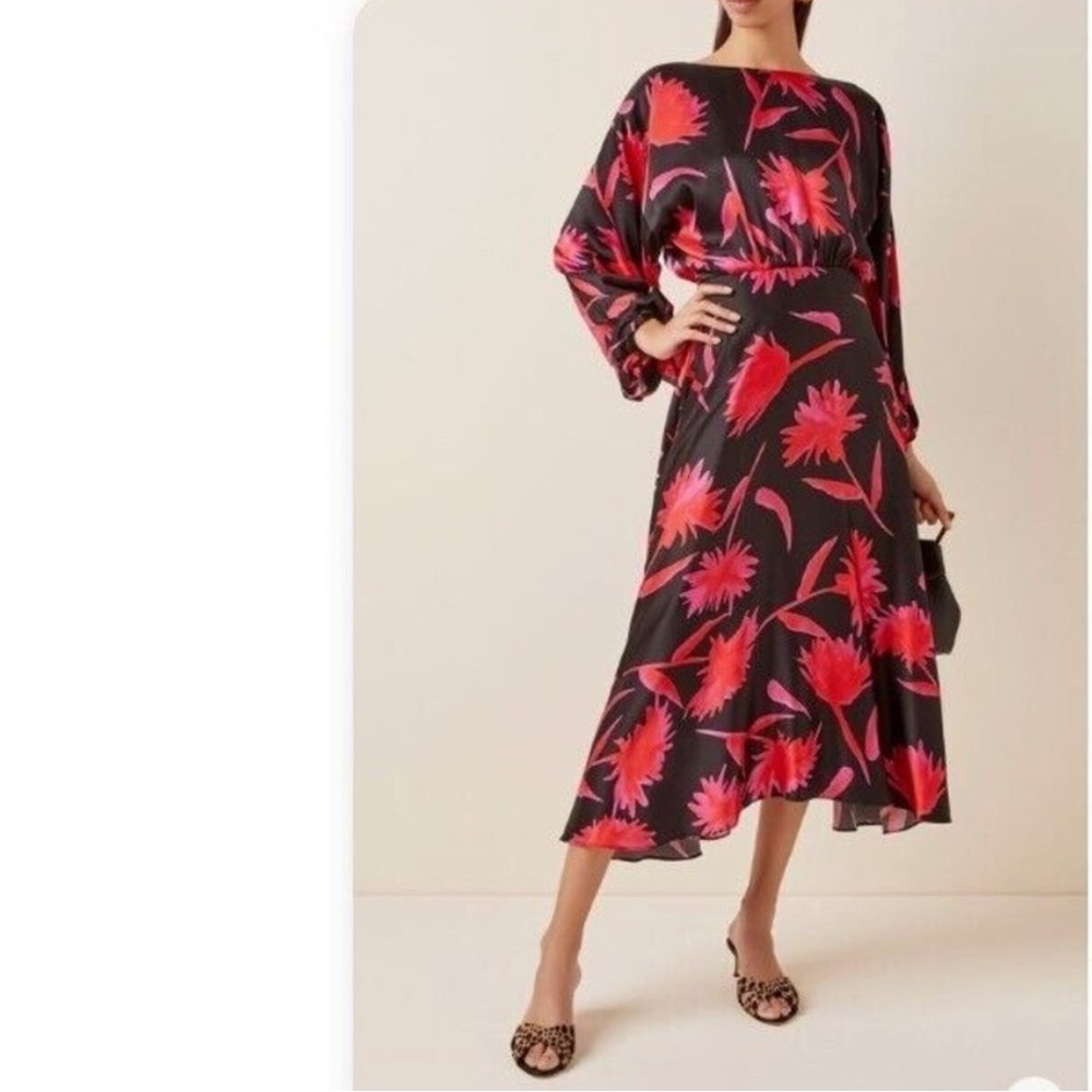 Saloni 100% silk black and floral midi dress with belt